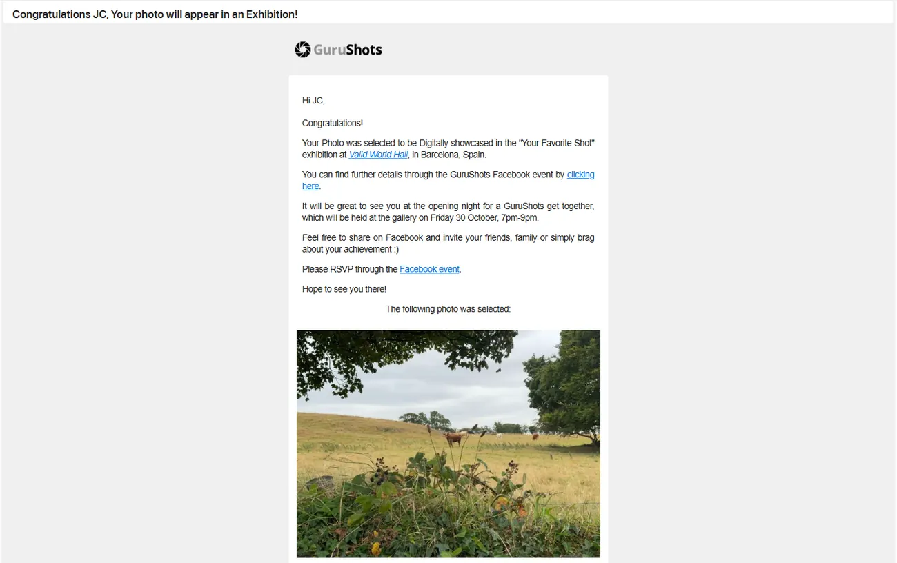 GuruShots email confirming selection for the Your Favorite Shot exhibition in Barcelona