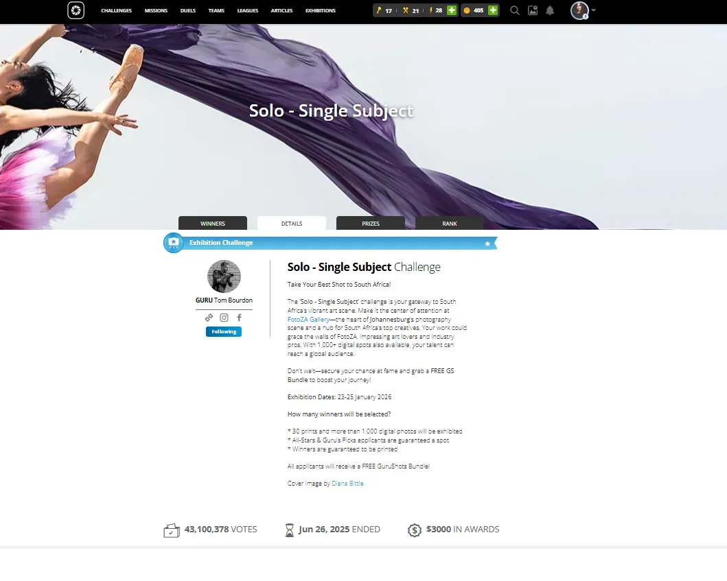 Solo Single Subject exhibition challenge page for FotoZA Gallery