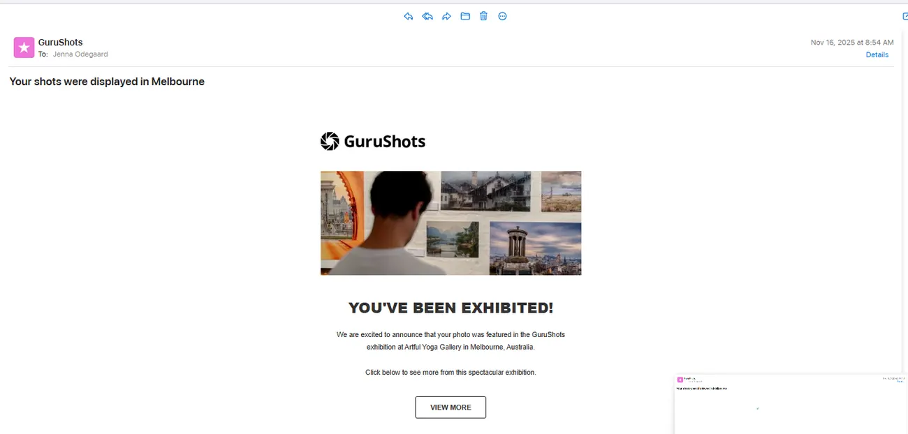 GuruShots email confirming photographs were displayed in Melbourne