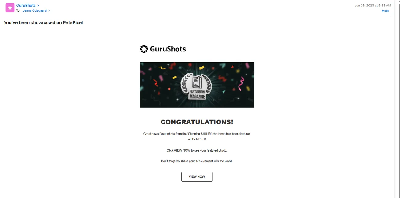 GuruShots email confirming a PetaPixel feature