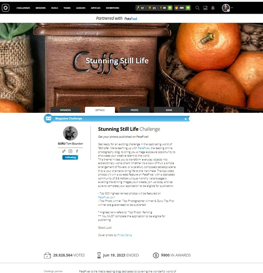 PetaPixel partnered Stunning Still Life challenge page