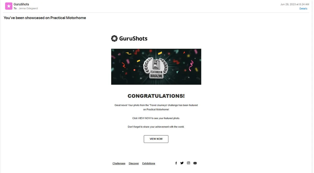 GuruShots email confirming a Practical Motorhome feature