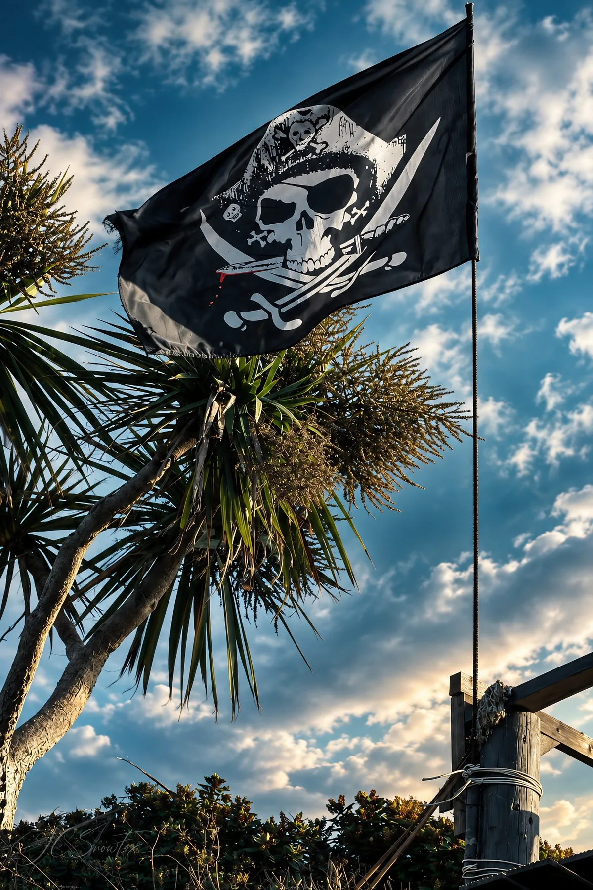 A black pirate flag flying over coastal palms under a dramatic sky