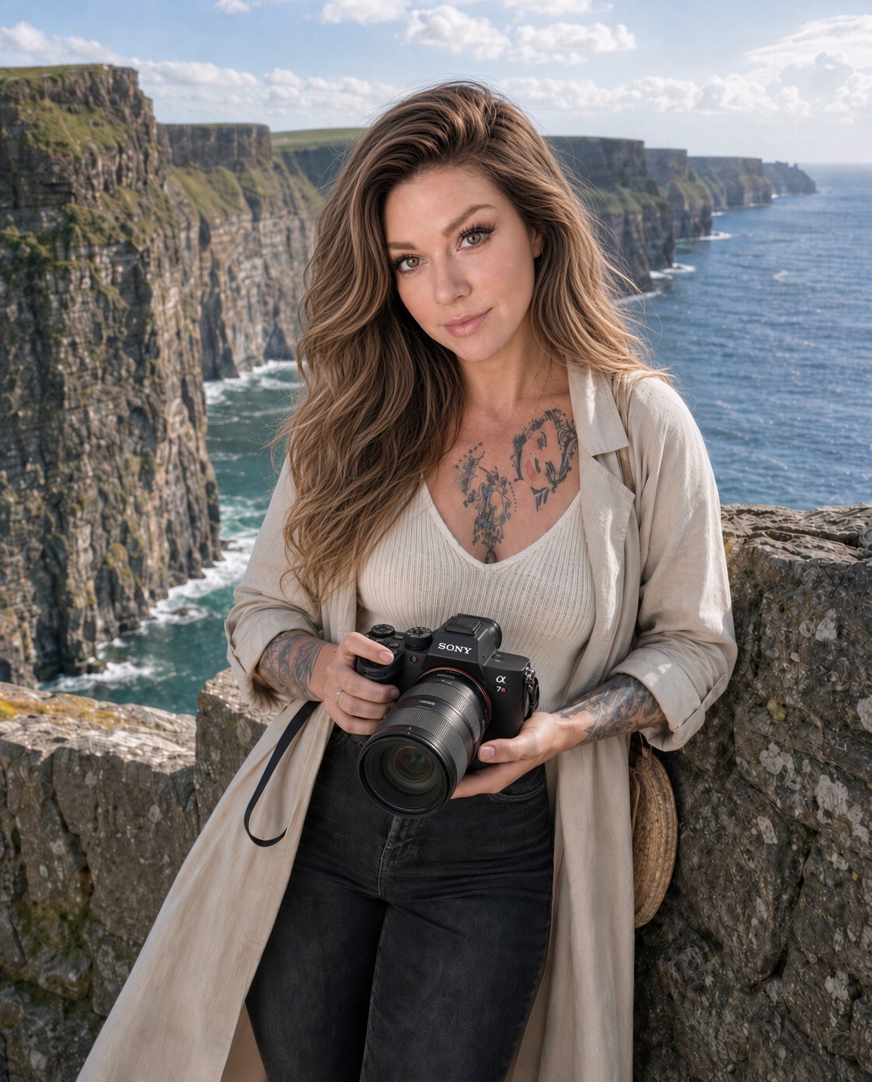 JC SnowFox holding a Sony camera at the Cliffs of Moher