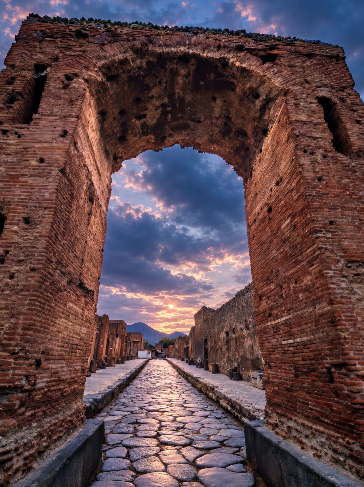 An ancient brick arch framing a Roman street in Pompeii