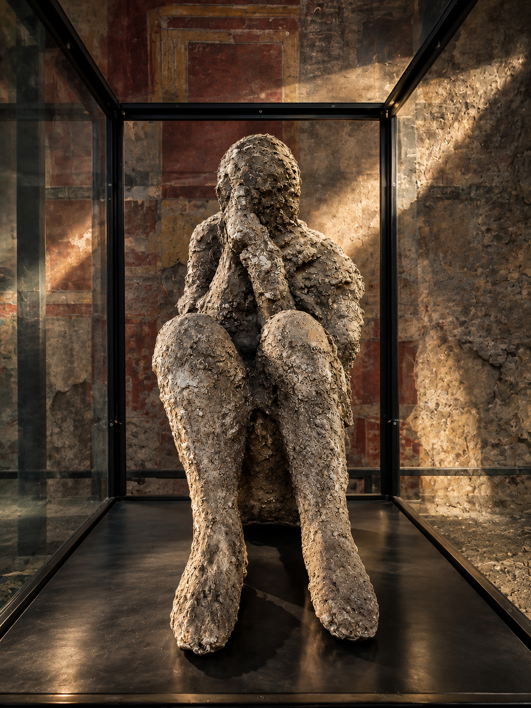 A preserved human cast displayed at Pompeii