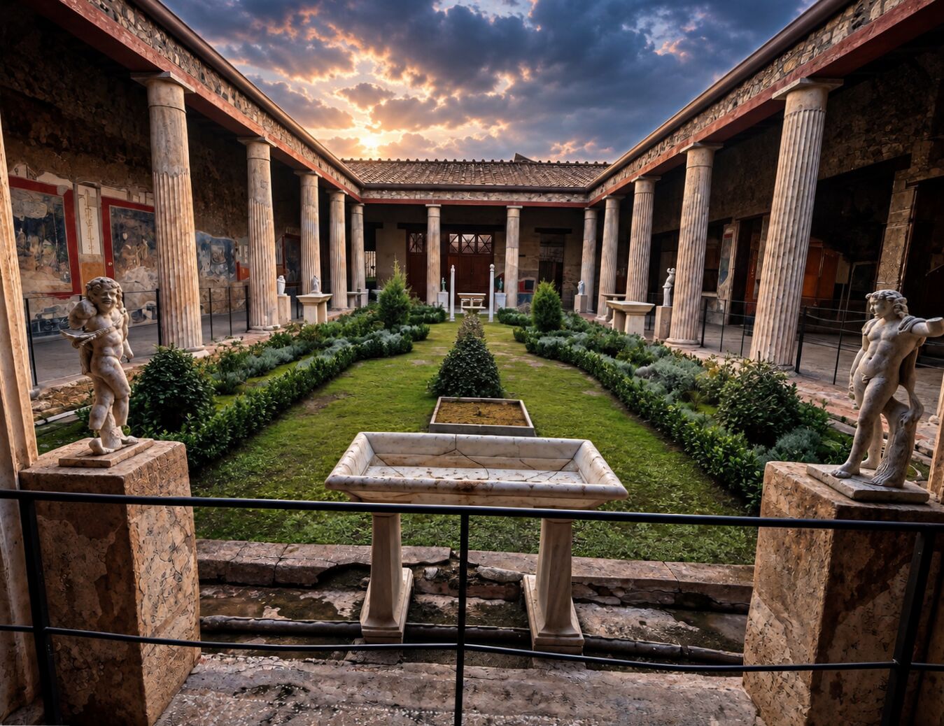A Roman garden courtyard at Pompeii with columns, statues and planted beds