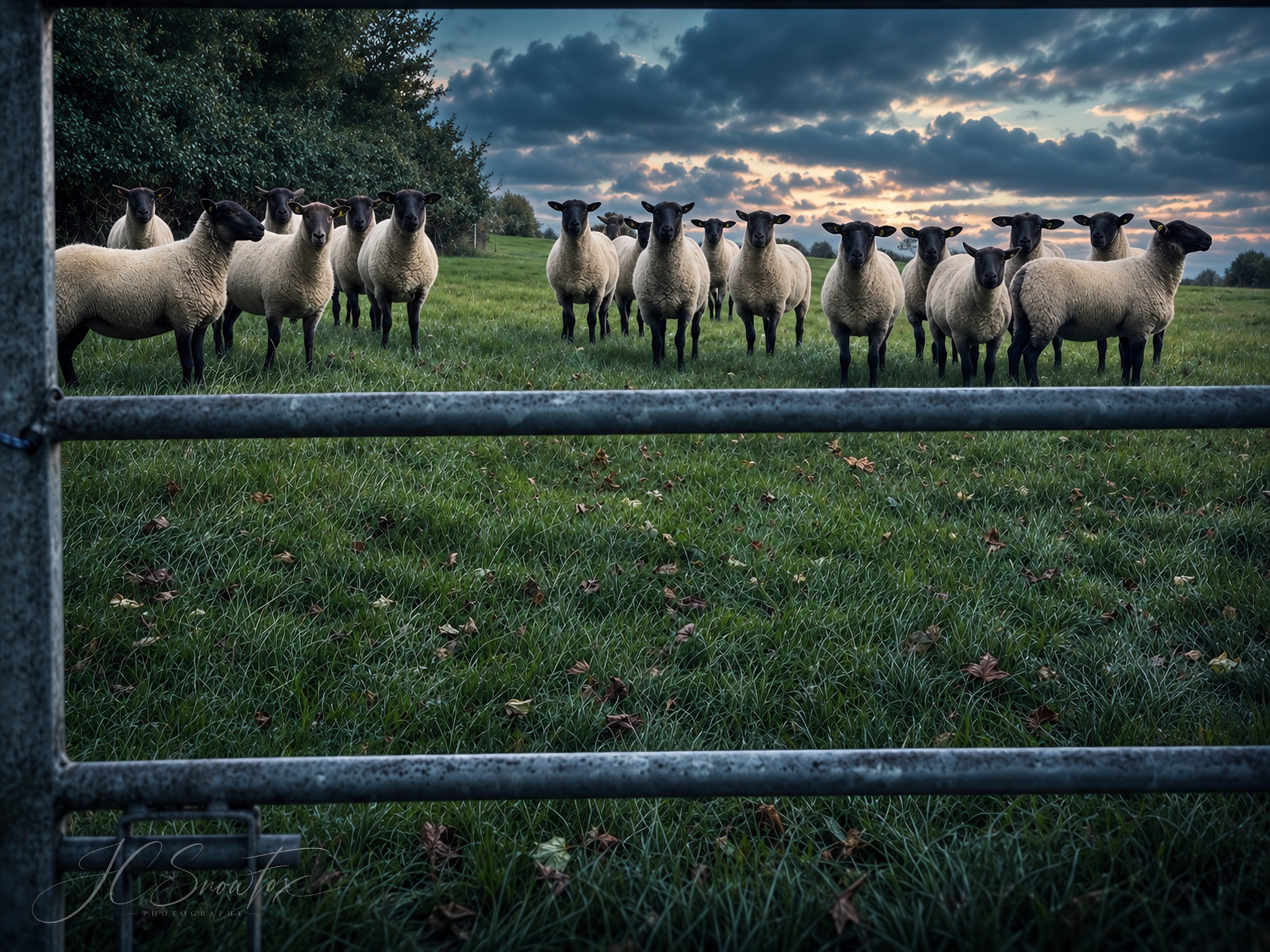 A flock of sheep staring through a metal farm gate beneath a dramatic sky